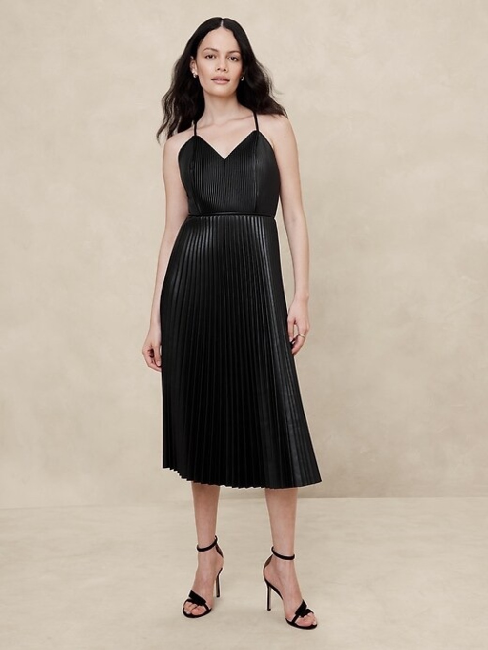 BANANA REPUBLIC VEGAN LEATHER PLEATED MIDI DRESS, NWT, 4